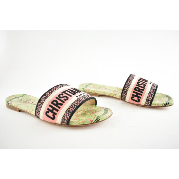 Christian Dior In Lights Dway Green Pink Embroidered Logo Slide Flat Sandal 35.5 - Picture 4 of 11